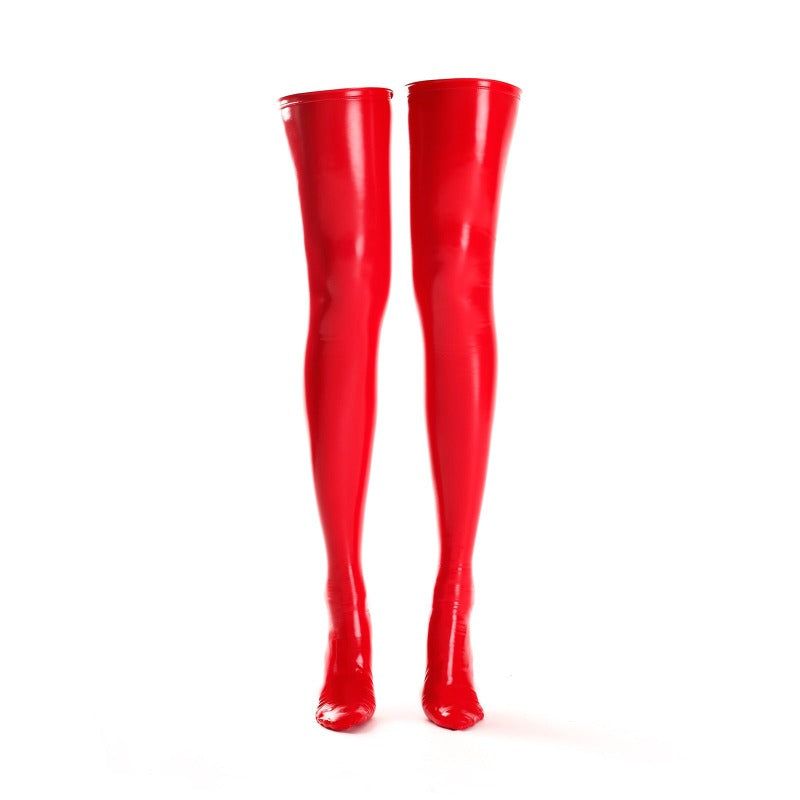 House Of Dasein Sexy Wetlook Thigh High Over The Knee Faux Latex Stockings Costume - Red - M